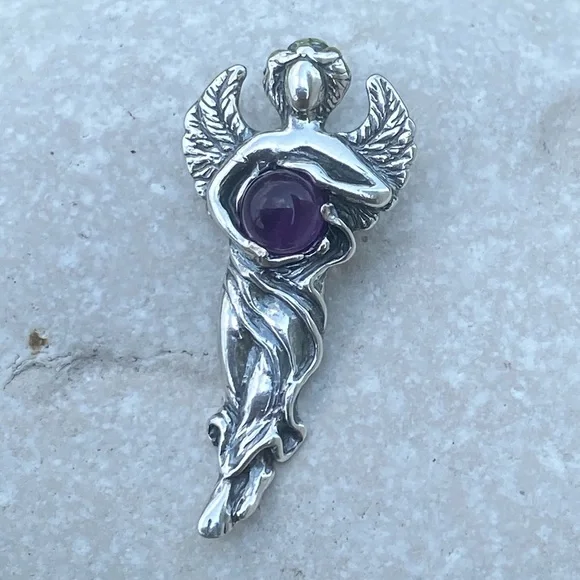 Dream Angel Pendant solid .925 Sterling Silver w/ genuine Amethyst made in USA - Picture 5 of 12